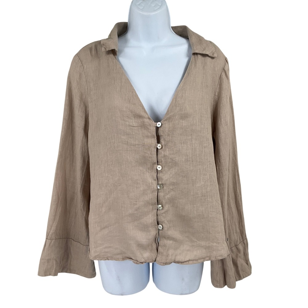 Zara Blouse Womens M Tan Linen V-Neck Flared Cuff Minimalist Coastal Breathable